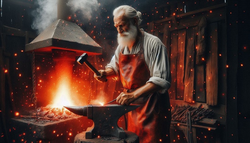 an old blacksmith forging a kitchen knife