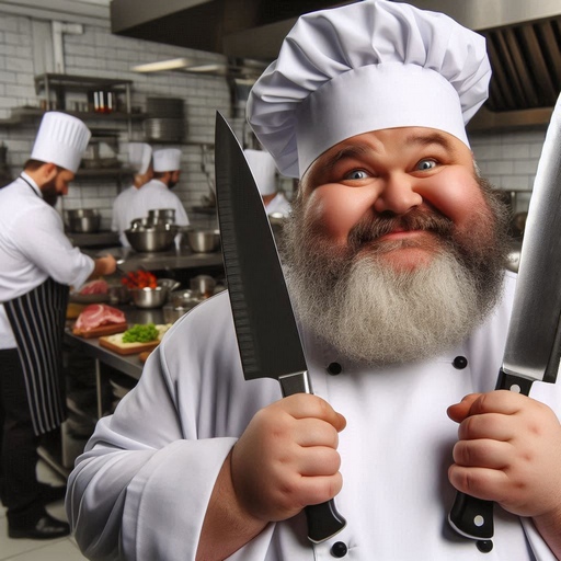 image of a fat chef in a restaurant kitchen holding chef knives